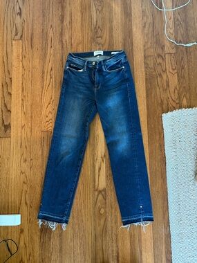 Frame Denim Dark Blue Cropped Straight Jeans with Raw Hem